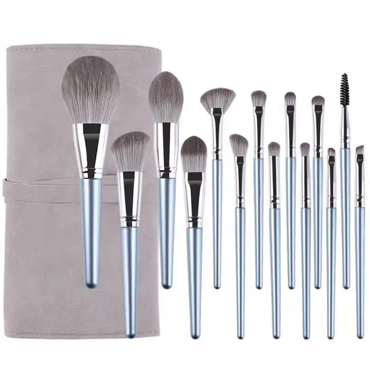 14PCS Conjunto de Pincéis de Maquiagem de Fibra Sintética Prateada com Bolsa