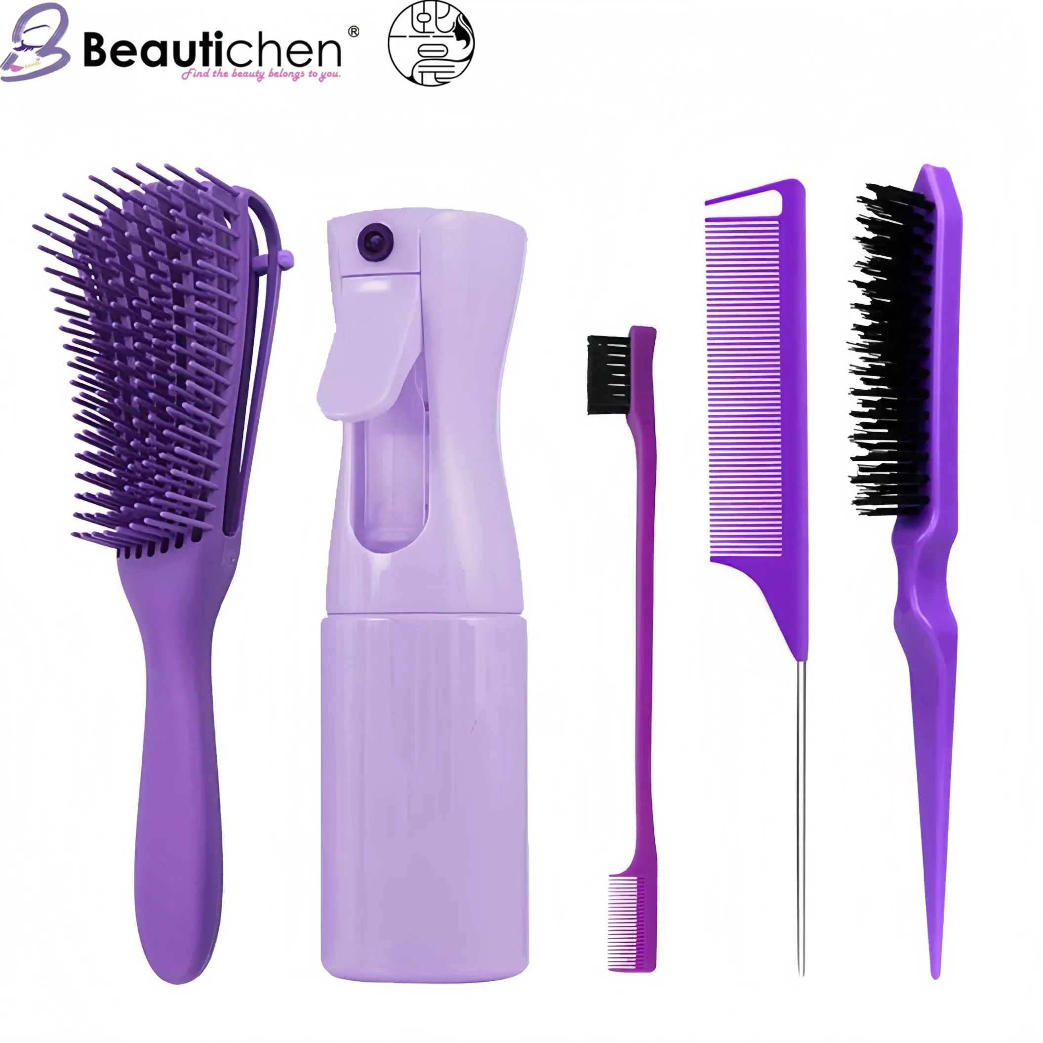 Kit de Estilização de Cabelo Beautichen 5-Piece: Escova de Teaser, Pente de Cauda de Rato, Escova de Sobrancelha, Escova para Cabelos Voadores e Clip Octopus com Spray de Água