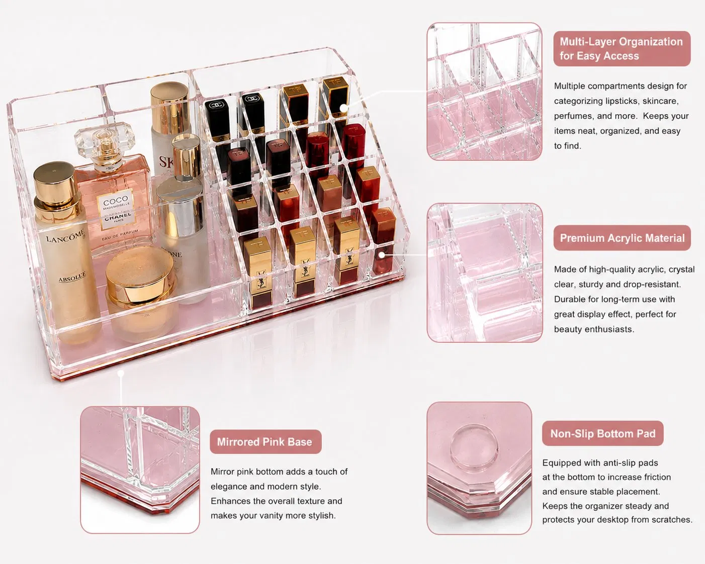 Organizador de Maquiagem de Acrílico Personalizado com Espelho Base Rosa Grande Capacidade Caixa de Armazenamento de Cosméticos Suporte para Batom