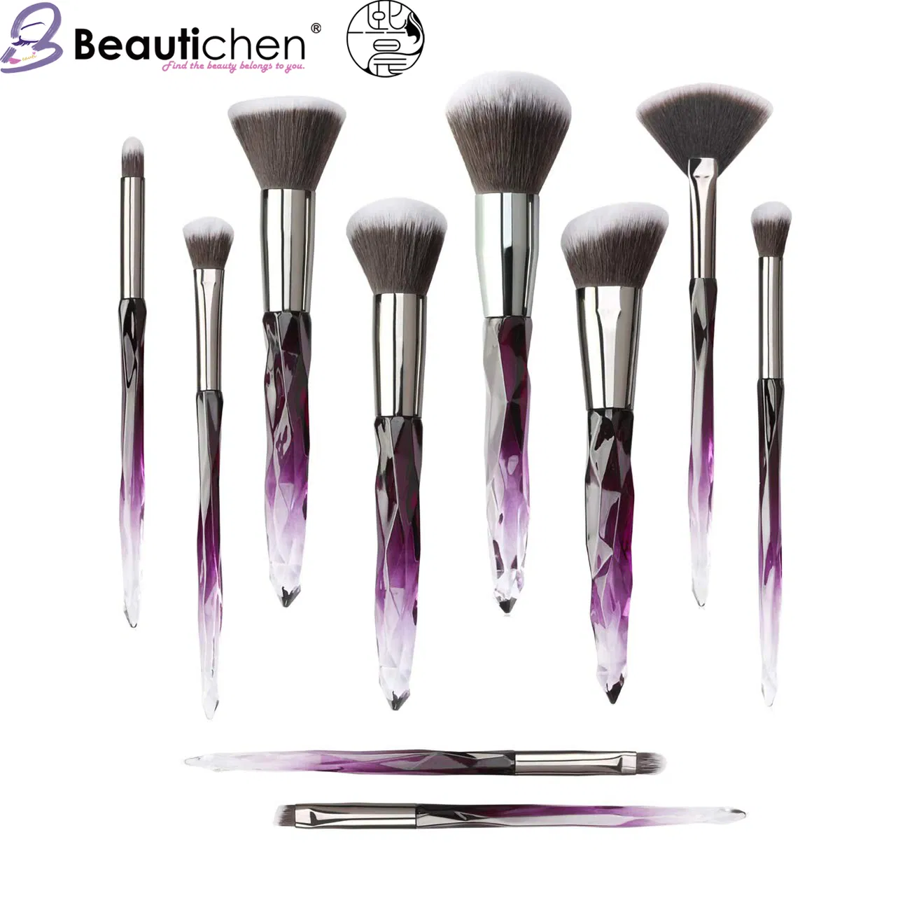 Conjunto de Pincéis de Maquiagem Beautichen Cabo de Cristal Fibra Sintética Premium Base Pó Corretivo Sombra de Olho 10 PCS Conjunto de Pincéis de Maquiagem