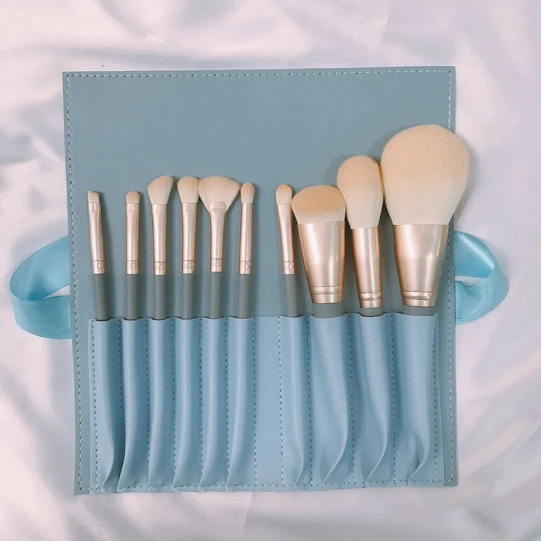 Conjunto de Pincéis de Maquiagem Beautichen 11-Piece com Estojo de Viagem – Cerdas Sintéticas Macias, Ferrule Dourado e Cabos Azul Cinza – Pincéis para o Rosto e Olhos