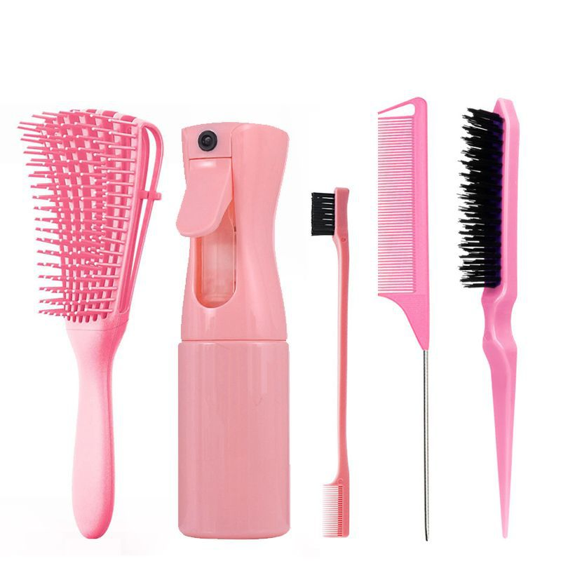Kit de Estilização de Cabelo Beautichen 5-Piece: Escova de Teaser, Pente de Cauda de Rato, Escova de Sobrancelha, Escova para Cabelos Voadores e Clip Octopus com Spray de Água