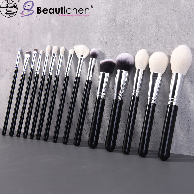 Conjunto de Pincéis de Maquiagem Profissional Beautichen 15-Piece – Cabos Pretos e Cerdas Naturais – Pincéis Macios para Rosto e Olhos para Pó, Blush, Contorno, Sombra
