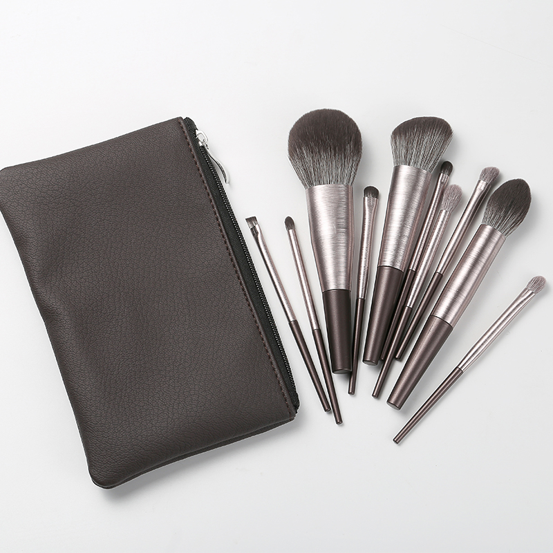 10PCS Conjunto de Pincéis de Maquiagem com Cerdas de Nylon Sintético Profissional e Cabo de Plástico com Logo Privado e Bolsa de PU