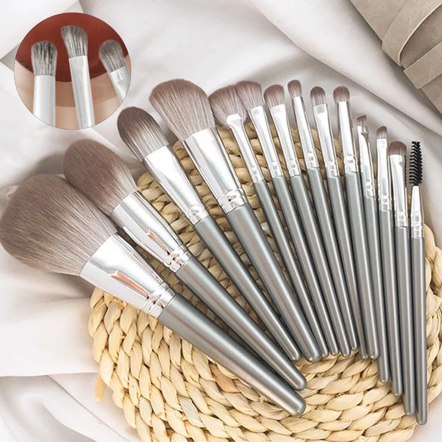 14PCS Conjunto de Pincéis de Maquiagem de Fibra Sintética Prateada com Bolsa