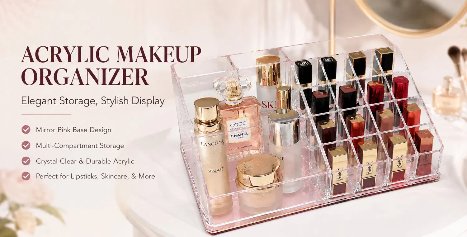 Organizador de Maquiagem de Acrílico Personalizado com Espelho Base Rosa Grande Capacidade Caixa de Armazenamento de Cosméticos Suporte para Batom