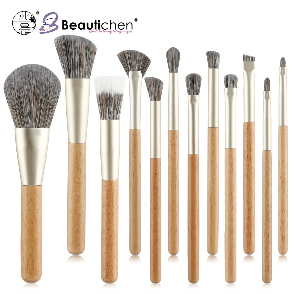 Conjunto de Pincéis de Maquiagem de Madeira Beautichen 12-Piece – Cerdas Sintéticas Veganas, Pincéis de Cabo Natural Ecológicos para Base, Contorno, Mistura