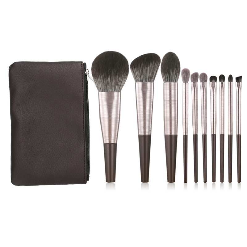 10PCS Conjunto de Pincéis de Maquiagem com Cerdas de Nylon Sintético Profissional e Cabo de Plástico com Logo Privado e Bolsa de PU
