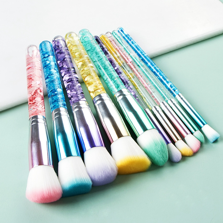 2021 Nova Coleção de Verão Conjunto de Pincéis de Maquiagem de Glitter Líquido Cristal Luxuoso 10 em 1 Conjunto de Pincéis Marca Privada