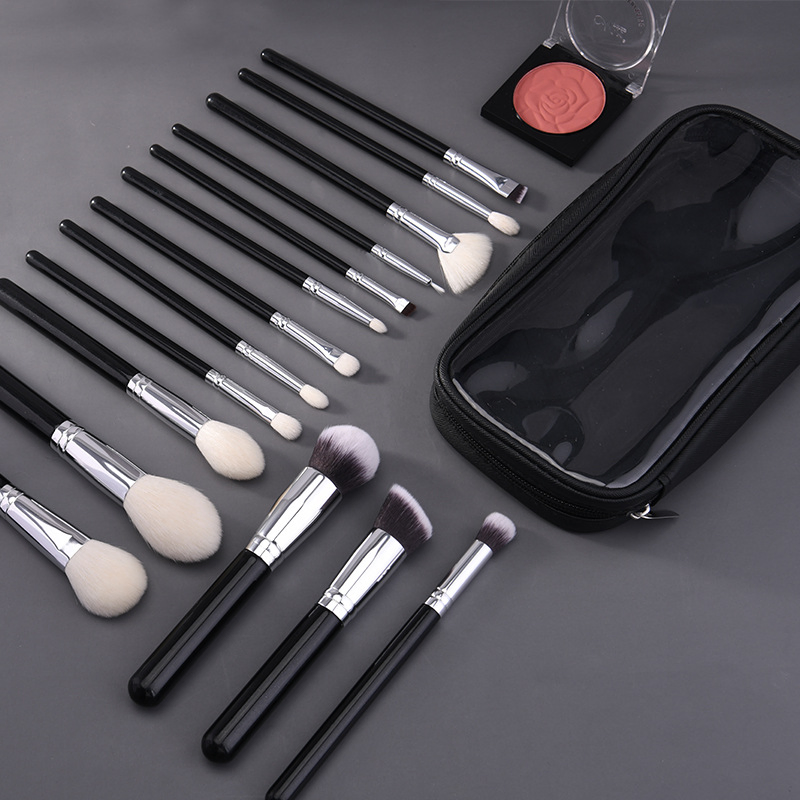 Conjunto de Pincéis de Maquiagem Profissional Beautichen 15-Piece – Cabos Pretos e Cerdas Naturais – Pincéis Macios para Rosto e Olhos para Pó, Blush, Contorno, Sombra