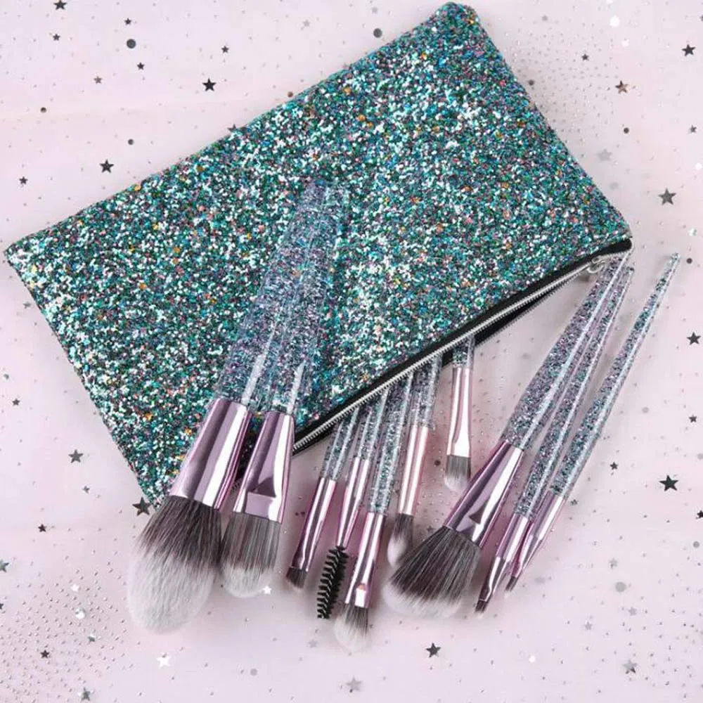 Conjunto de Pincéis de Maquiagem Beautichen 10PCS com Brilho e Bolsa, Pincéis de Fibra Sintética com Cabo de Plástico