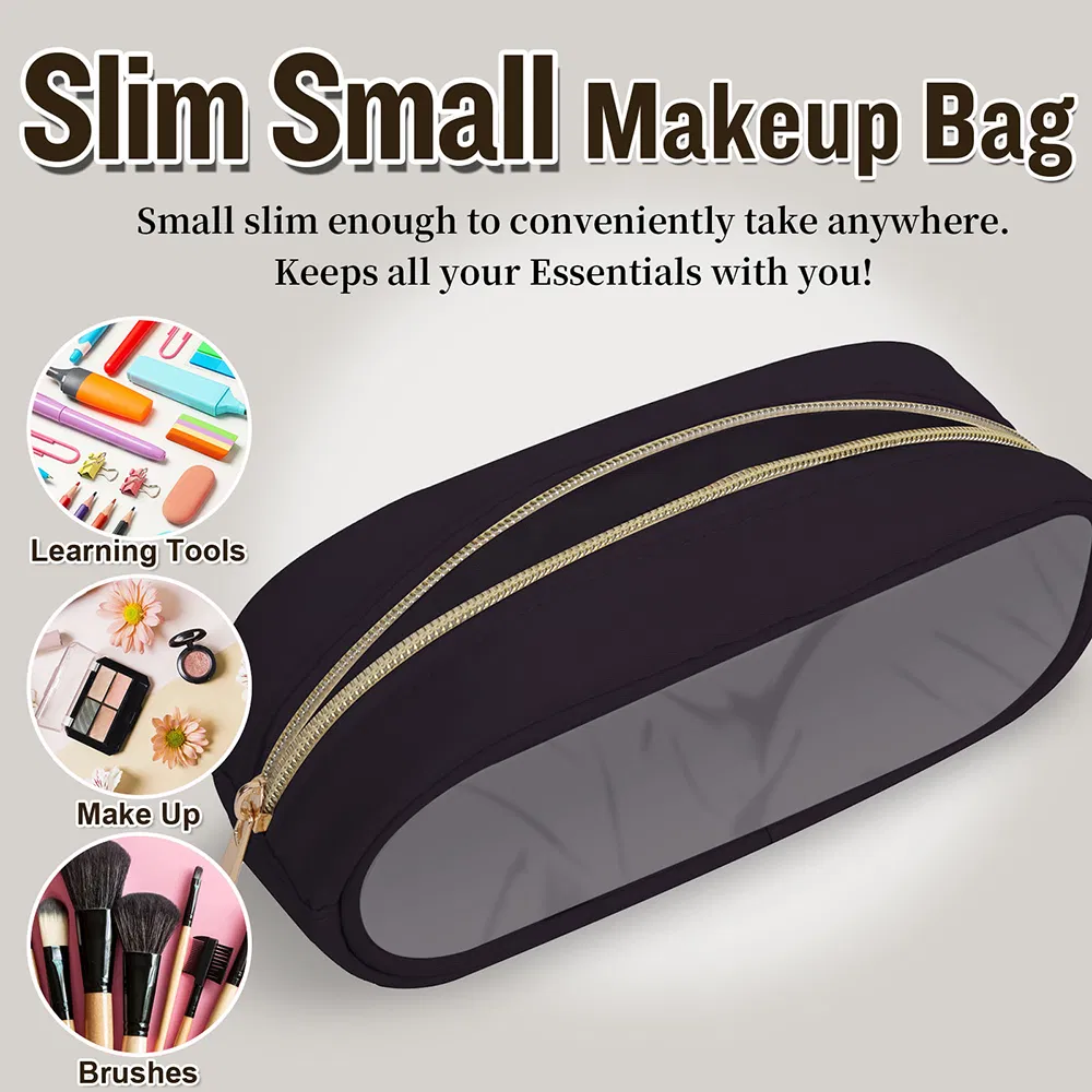 Pochete de Maquiagem de Nylon PVC com Zíper Preta Estojo de Beleza para Pincéis e Lápis