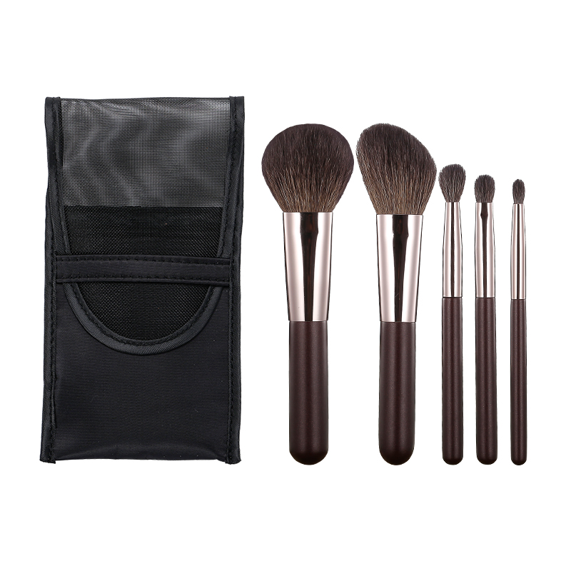 Conjunto de Pincéis de Maquiagem Portátil de Duas Pontas com Cabo de Madeira Preto Fosco em Fibra Sintética Pequeno Novo com Estojo de Armazenamento 5PCS
