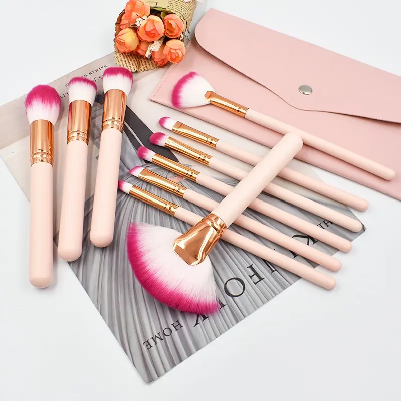 Preço de Fábrica Conjunto de Pincéis de Maquiagem Vegano Rosa Profissional Macio de Alta Qualidade Fibra Sintética 10PCS Conjunto de Pincéis de Maquiagem Rosa