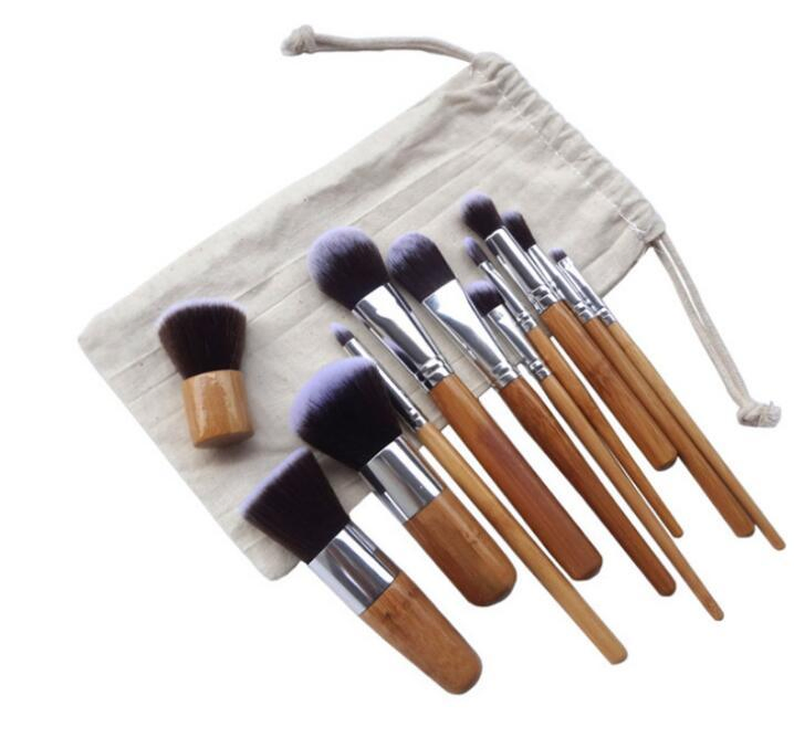 11PCS Conjunto de Pincéis de Maquiagem de Bambu com Pincéis de Fibra Sintética Macios e Bolsa