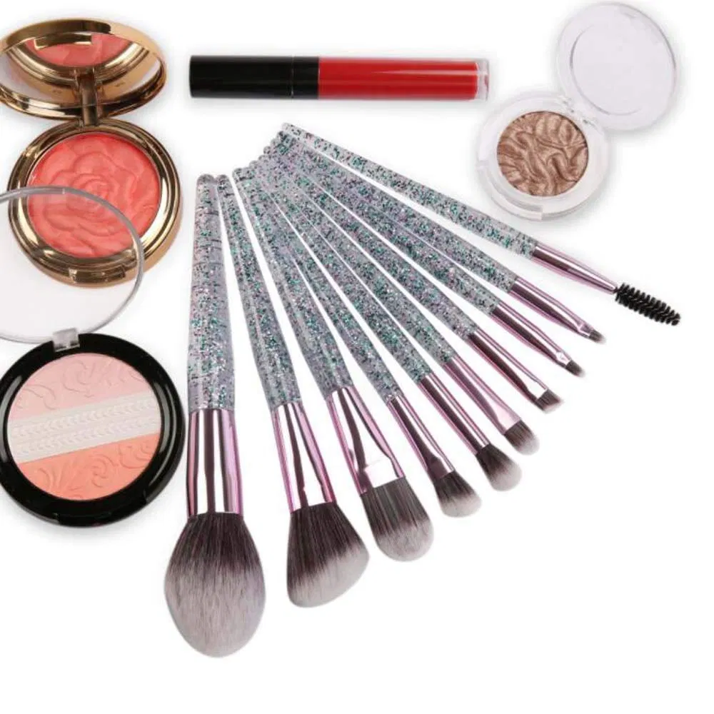 Conjunto de Pincéis de Maquiagem Beautichen 10PCS com Brilho e Bolsa, Pincéis de Fibra Sintética com Cabo de Plástico