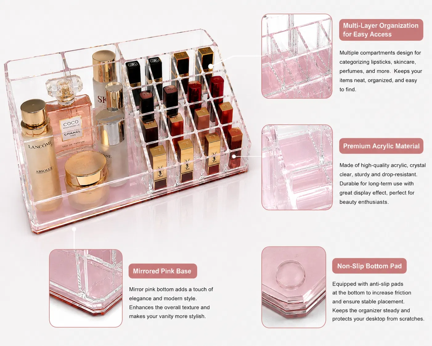 Organizador de Maquiagem de Acrílico Personalizado com Espelho Base Rosa Grande Capacidade Caixa de Armazenamento de Cosméticos Suporte para Batom