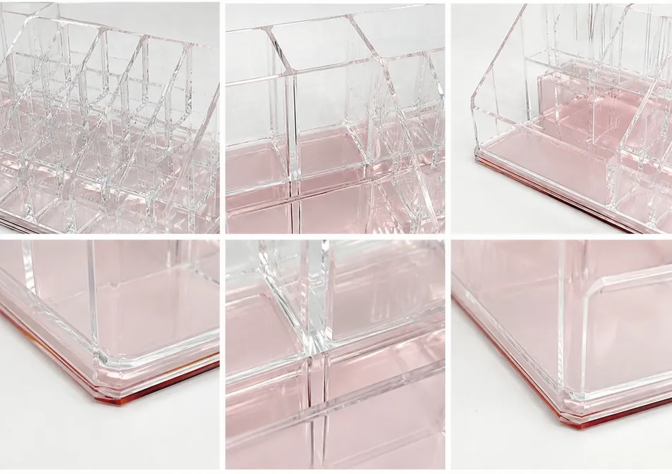 Organizador de Maquiagem de Acrílico Personalizado com Espelho Base Rosa Grande Capacidade Caixa de Armazenamento de Cosméticos Suporte para Batom