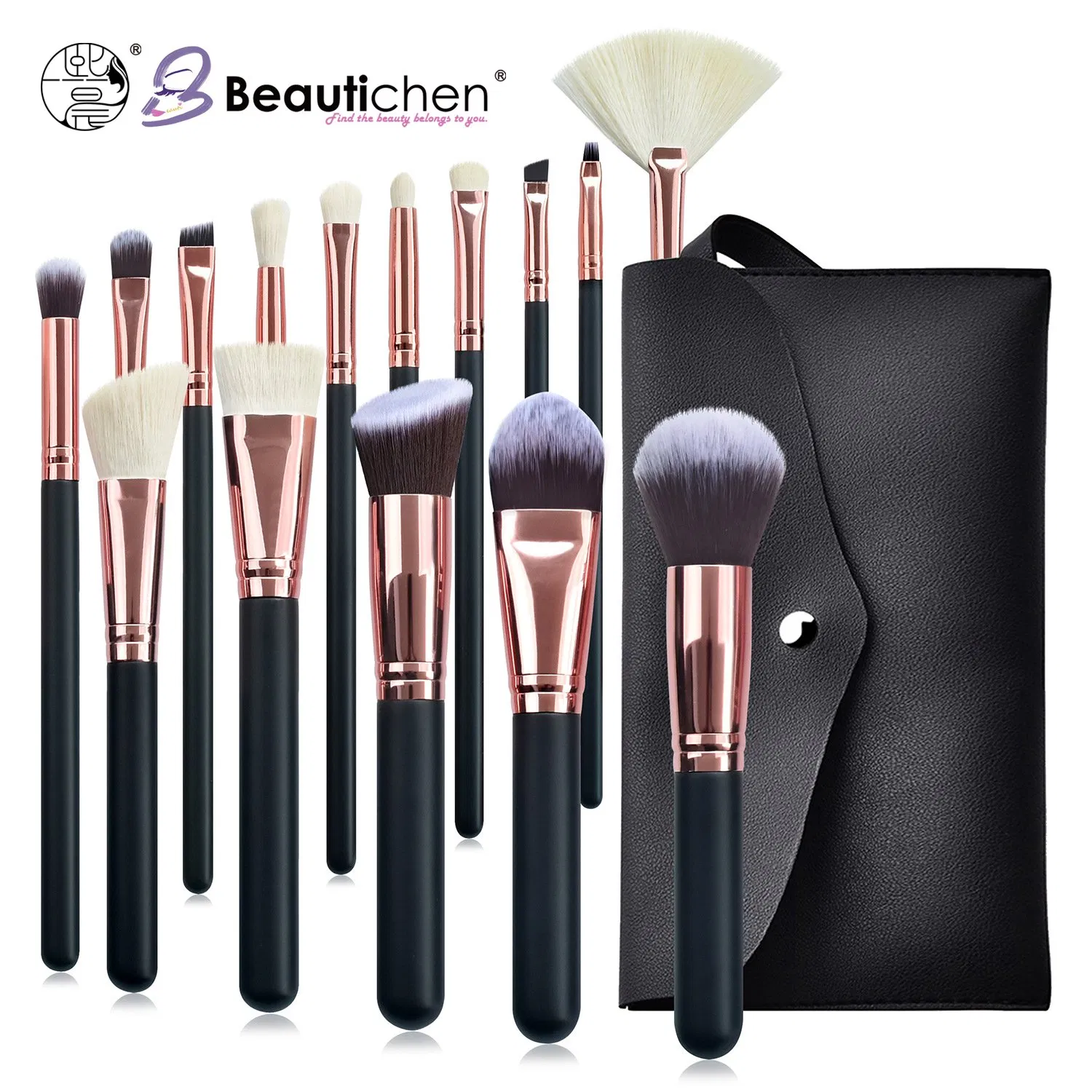 Conjunto de Pincéis de Maquiagem Profissional Beautichen 15PCS com Cabos Pretos e Ferrules Dourado Rosa – Pincéis Cosméticos para o Rosto e Olhos com Estojo de Viagem