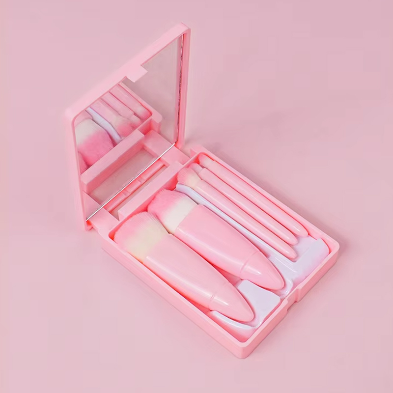Conjunto de Pincéis de Maquiagem para Viagem com Espelho 5PCS/Set Pincéis para Rosto e Sombra de Olhos