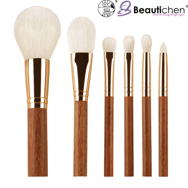 Conjunto de Pincéis de Maquiagem Luxuosos Beautichen 6-Piece - Cabos de Madeira Premium com Acentos Metálicos, Cerdas Macias Veganas, Kit Amigo de Viagem - Essenciais de Beleza Ética