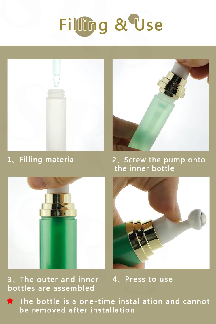 Creme para os Olhos em Camadas Duplas com Aplicador Roller de Acrílico Premium Dourado 15ml 20ml