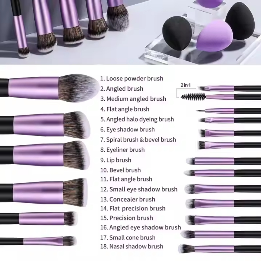 Conjunto de escovas de make-up Pincel angular Brush Fan Brush Vegan Synthetic 18 Escovas de maquilhagem cosméticas