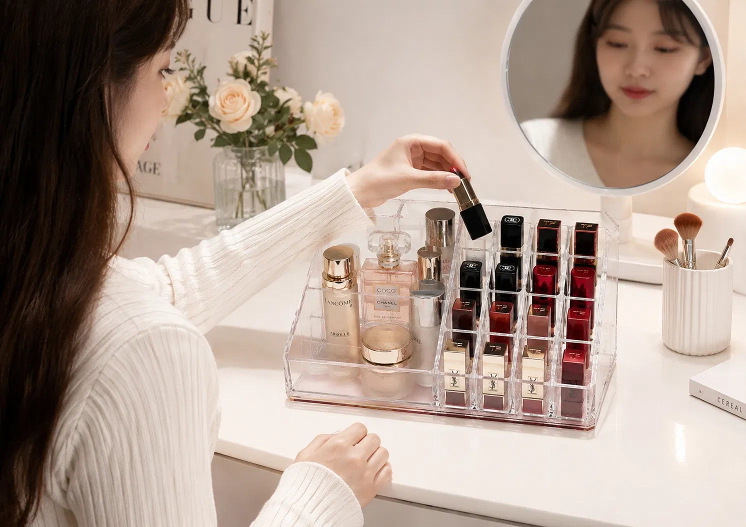 Organizador de Maquiagem de Acrílico Personalizado com Espelho Base Rosa Grande Capacidade Caixa de Armazenamento de Cosméticos Suporte para Batom