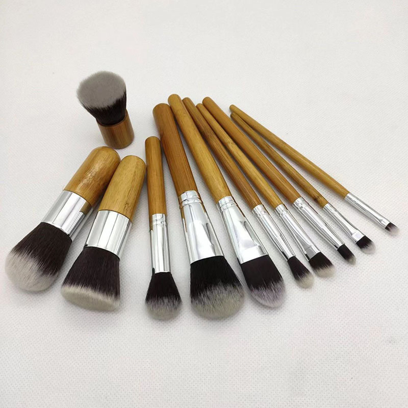 11-Piece Conjunto de Pincéis de Maquiagem em Bambu/Kit de Pincéis Cosméticos com Cabo de Bambu