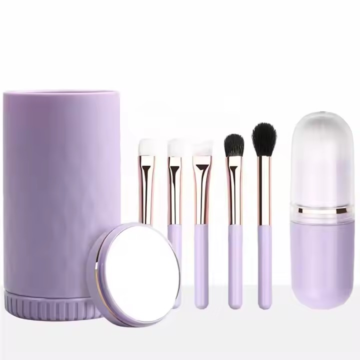 Conjunto de Pincéis de Maquiagem Portátil para Viagem 6PCS Mini Pincéis de Sombra Completo com Espelho e Suporte