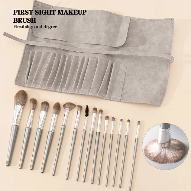 14PCS Conjunto de Pincéis de Maquiagem de Fibra Sintética Prateada com Bolsa