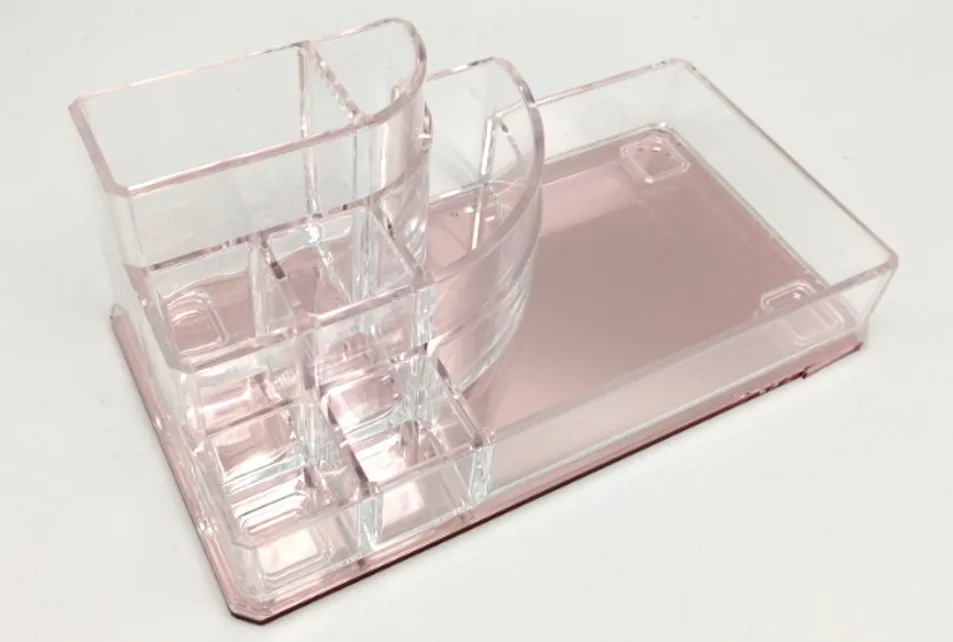 Organizador de Maquiagem de Acrílico Personalizado com Espelho Base Rosa Grande Capacidade Caixa de Armazenamento de Cosméticos Suporte para Batom