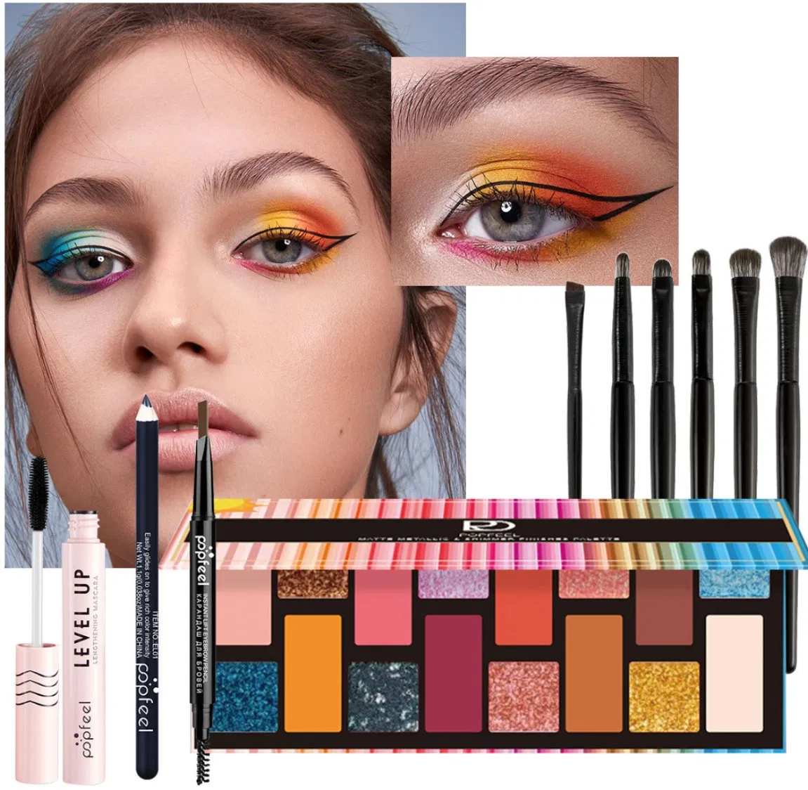 Kit de Maquiagem por Atacado Online para Meninas, Paleta de Sombras e Sobrancelhas com Pigmento Nude, Conjunto de Maquiagem com Pincéis, Máscara, Lápis de Sobrancelha e Delineador