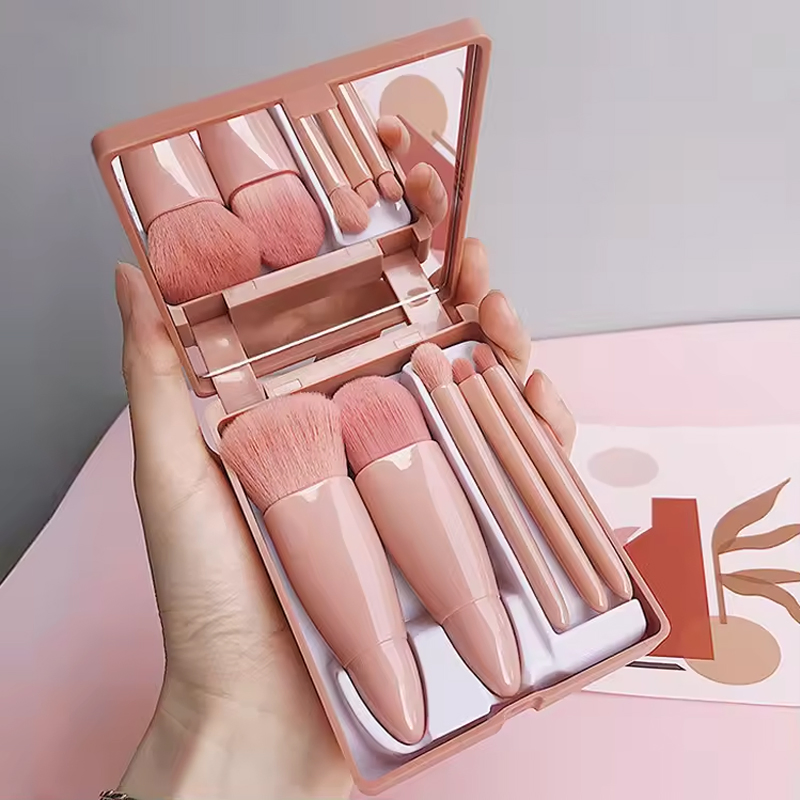 Conjunto de Pincéis de Maquiagem para Viagem com Espelho 5PCS/Set Pincéis para Rosto e Sombra de Olhos