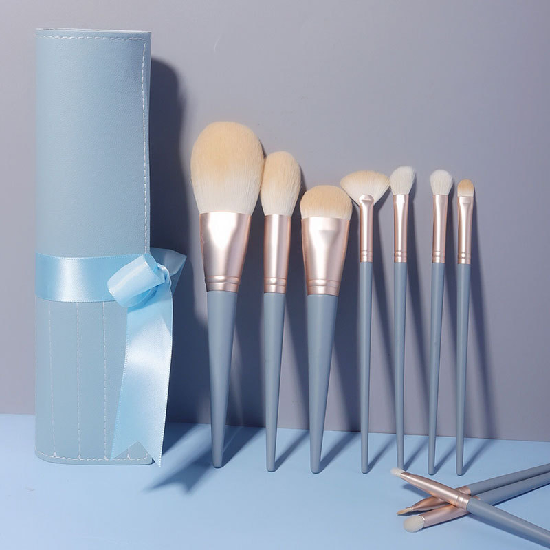 Conjunto de Pincéis de Maquiagem Beautichen 11-Piece com Estojo de Viagem – Cerdas Sintéticas Macias, Ferrule Dourado e Cabos Azul Cinza – Pincéis para o Rosto e Olhos