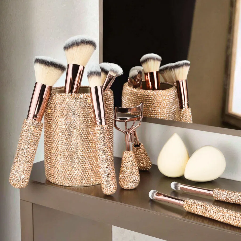 Conjunto de Pincéis de Maquiagem de Luxo de Alta Qualidade Ferramentas Atacado Personalização Strass Diamante Espuma, Pincel de Maquiagem Profissional