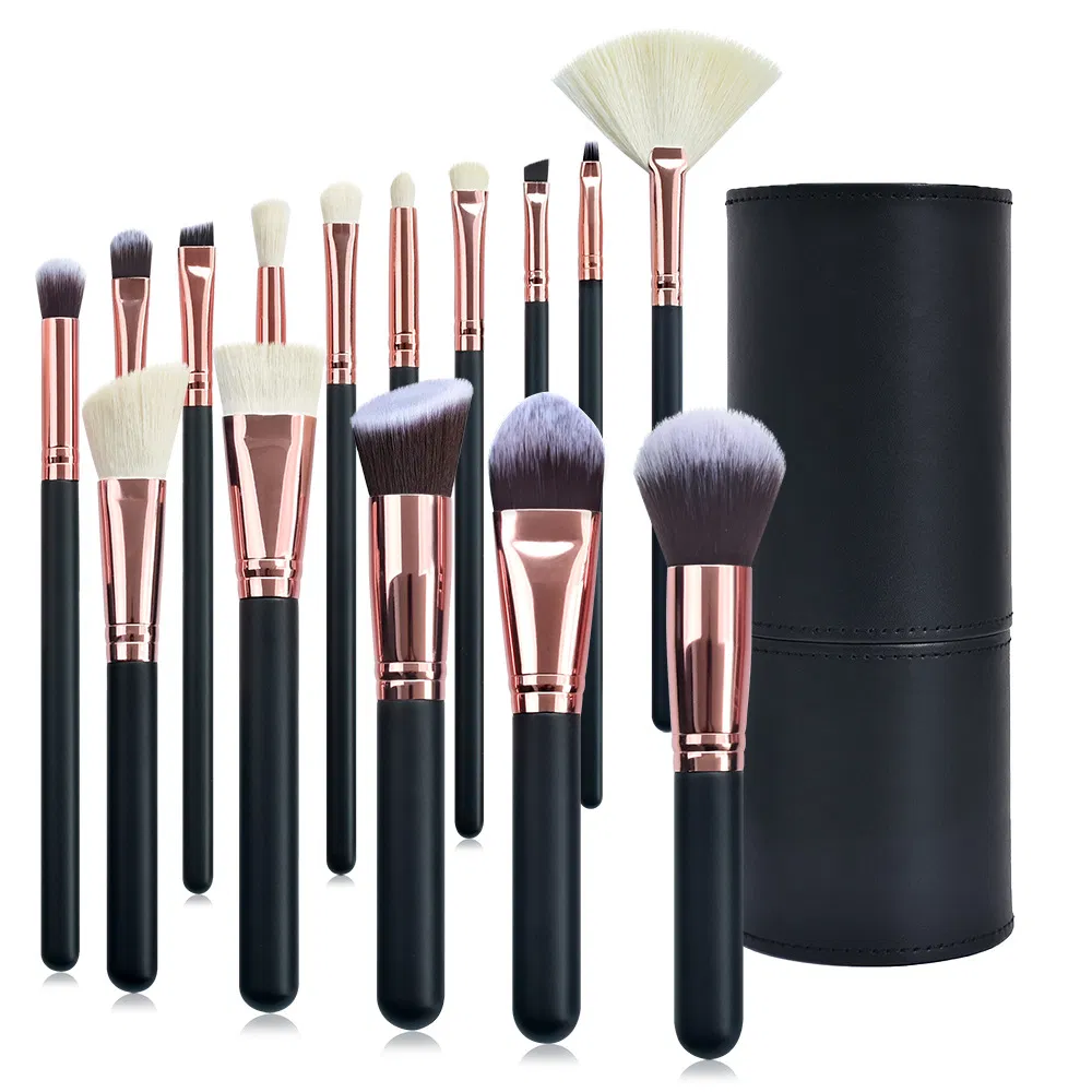 Conjunto de Pincéis de Maquiagem Profissional Beautichen 15PCS com Cabos Pretos e Ferrules Dourado Rosa – Pincéis Cosméticos para o Rosto e Olhos com Estojo de Viagem
