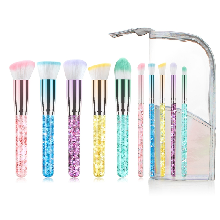 2021 Nova Coleção de Verão Conjunto de Pincéis de Maquiagem de Glitter Líquido Cristal Luxuoso 10 em 1 Conjunto de Pincéis Marca Privada