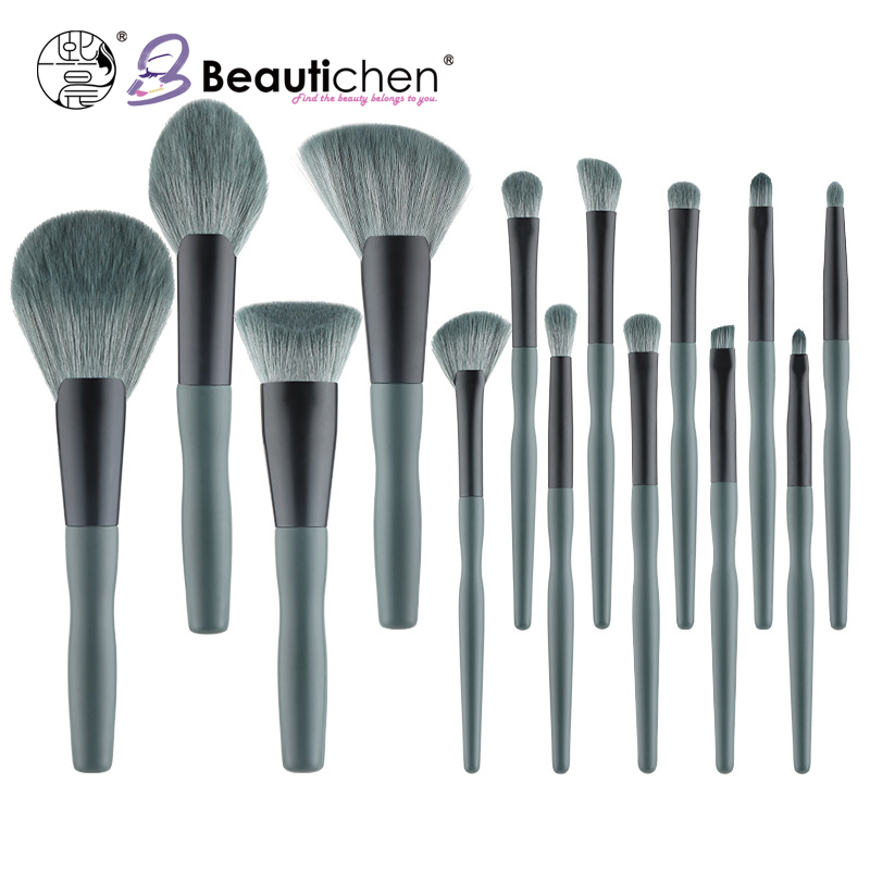 Conjunto de Pincéis de Maquiagem Profissional Beautichen 15-Piece com Estojo de Viagem – Cerdas Veganas Verde Cinza e Cabos Ergonômicos