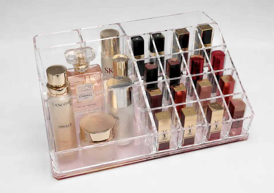 Organizador de Maquiagem de Acrílico Personalizado com Espelho Base Rosa Grande Capacidade Caixa de Armazenamento de Cosméticos Suporte para Batom