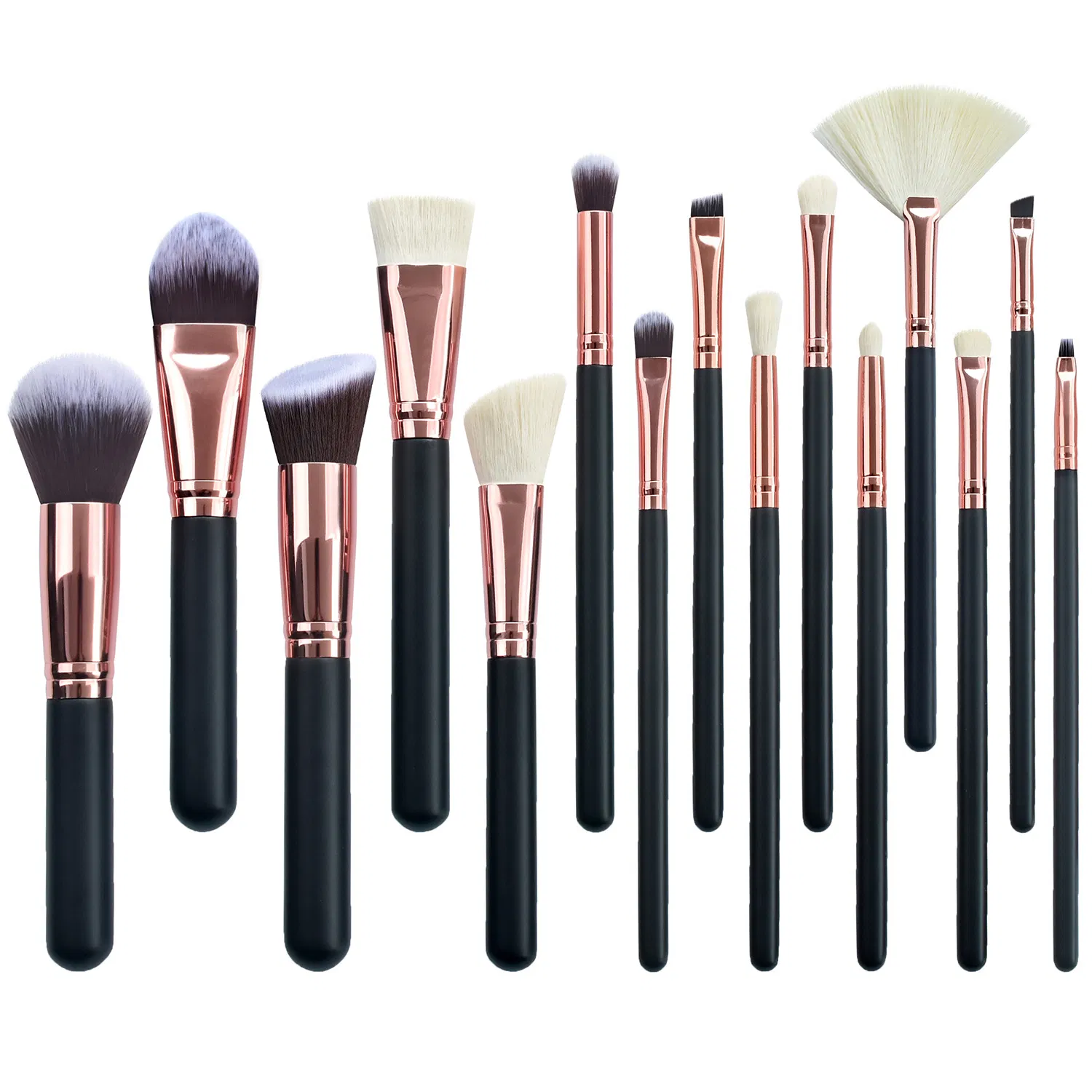 Conjunto de Pincéis de Maquiagem Profissional Beautichen 15PCS com Cabos Pretos e Ferrules Dourado Rosa – Pincéis Cosméticos para o Rosto e Olhos com Estojo de Viagem