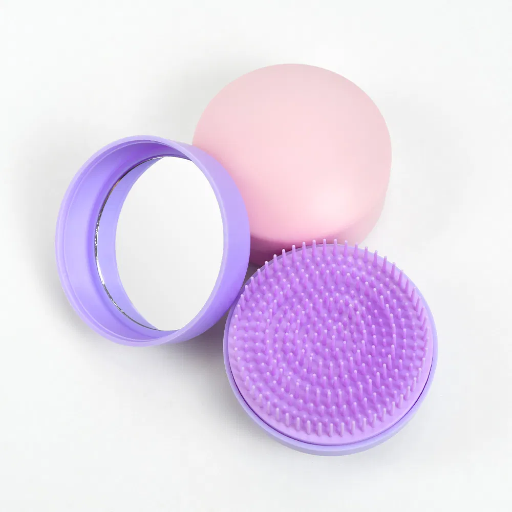 Escova de cabelo portátil redonda de silicone macio para bebês, pente de plástico com espelho de maquiagem de um lado
