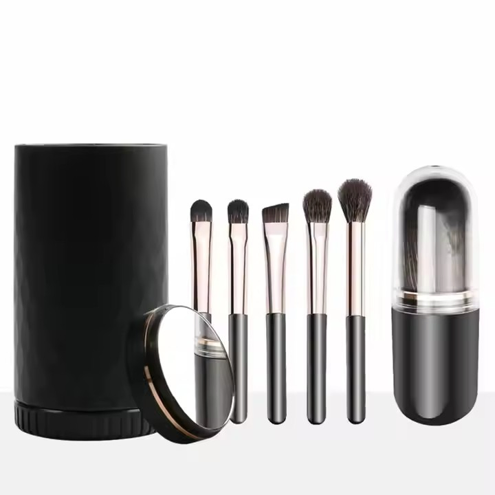 Conjunto de Pincéis de Maquiagem Portátil para Viagem 6PCS Mini Pincéis de Sombra Completo com Espelho e Suporte