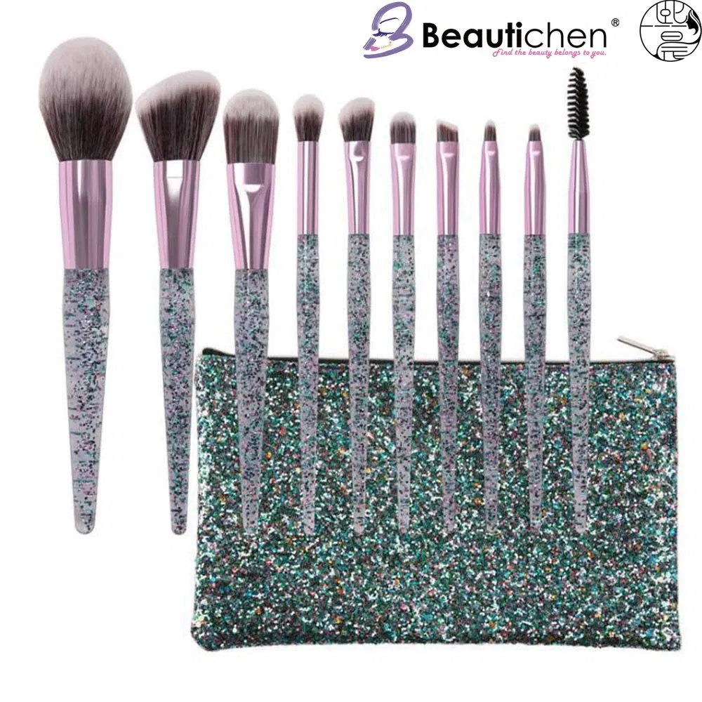 Conjunto de Pincéis de Maquiagem Beautichen 10PCS com Brilho e Bolsa, Pincéis de Fibra Sintética com Cabo de Plástico