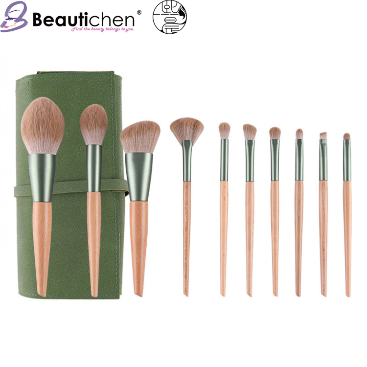 Conjunto de Pincéis de Maquiagem com Cabo de Madeira Beautichen 10PCS - Série Qingluo, Cerdas Sintéticas Macias para Iniciantes, Kit Completo de Pincéis Cosméticos