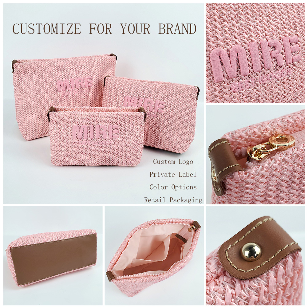 Straw Custom Raffia Makeup Bag Neutral Aesthetic Travel Cosmetic Bag Case Pouch Private Label Beauty Organizer 3D Embossed Logo