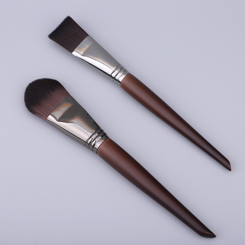 Custom Logo Professional Premium Quality Synthetic Hair Brown Wooden Handle Smudge Flat Foundation Brush for Facial Face Mask