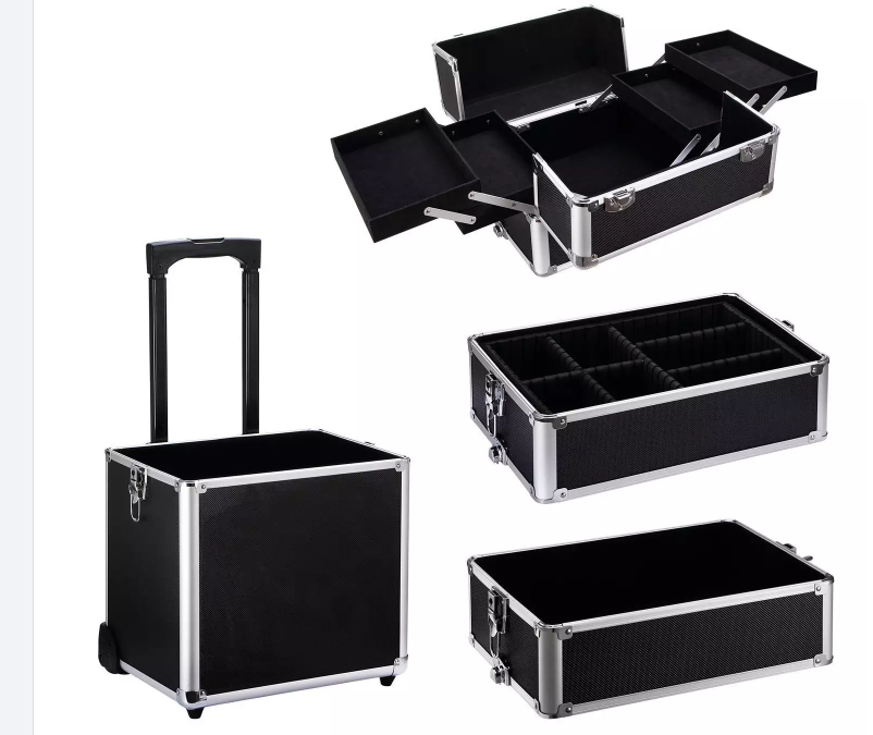 4 in 1 Professional Large Hard Aluminum Cosmetic Rolling Travel Barber Case Salon Lockable Trolley Makeup Train Case with Wheels