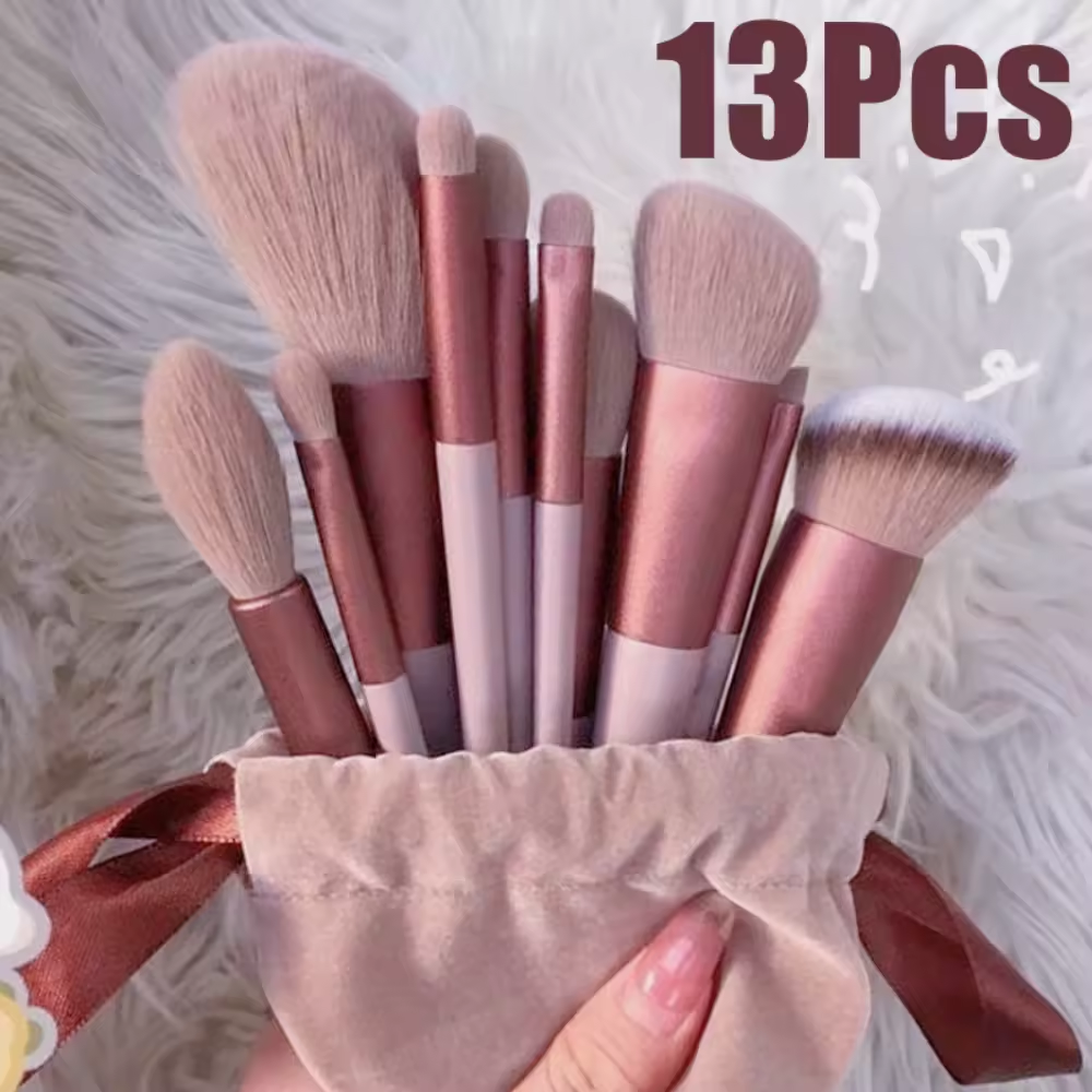 13pcs Super Soft Blush Eyeshadow Cosmetic Brush Foundation Women Flat Shape Soft Makeup Tools Bag Powder Eye Makeup Brushes Set