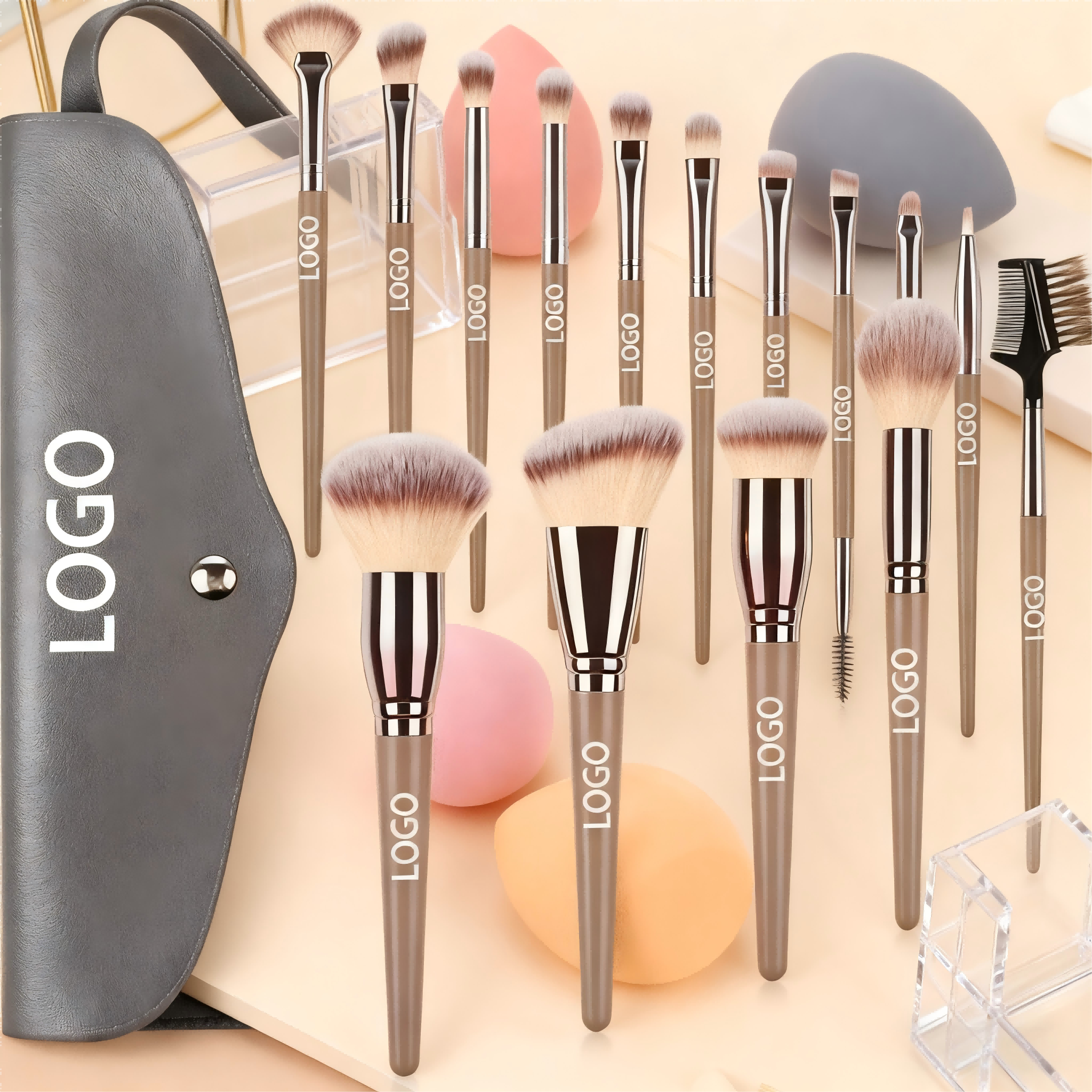 Portable Custom 15-Piece Vegan Makeup Brush Set with Bag Super Soft Bristles Low MOQ Orders for Face & Eye Use